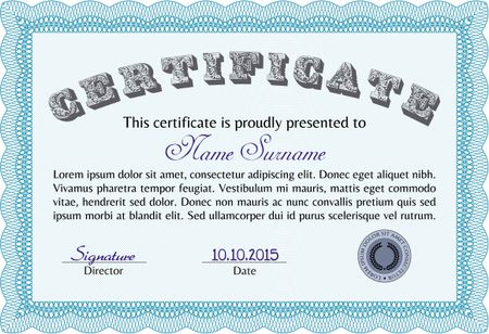 Classic Certificate templateMoney Pattern design. Light blue color.