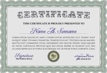 Sample certificate or diploma. Vector certificate template. Elegant design. With complex linear background. Green color.