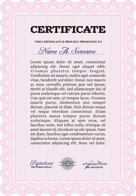 Pink Certificate or diploma template. Easy to print. Customizable, Easy to edit and change colors. Cordial design. 