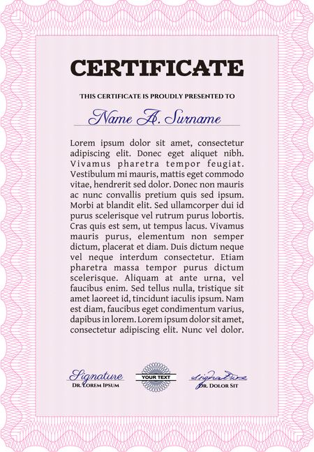 Pink Certificate or diploma template. Easy to print. Customizable, Easy to edit and change colors. Cordial design.