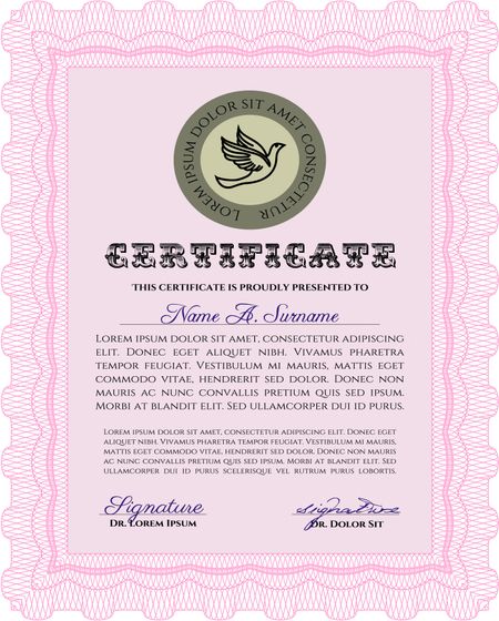 Pink Certificate template or diploma template. Superior design. Vector pattern that is used in currency and diplomas.Complex background. 