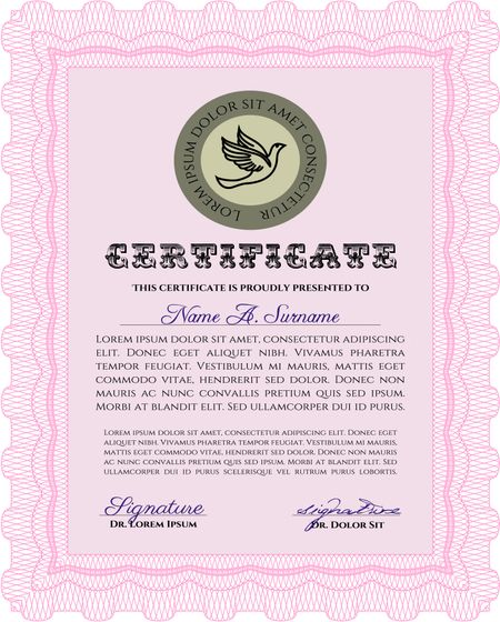 Pink Certificate template or diploma template. Superior design. Vector pattern that is used in currency and diplomas.Complex background.