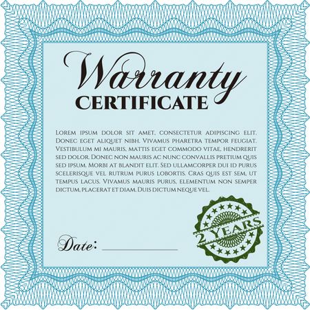Sample Warranty certificate template. Complex frame design. Retro design. Easy to print. 