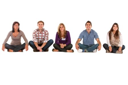 Casual group of seated people isolated over white
