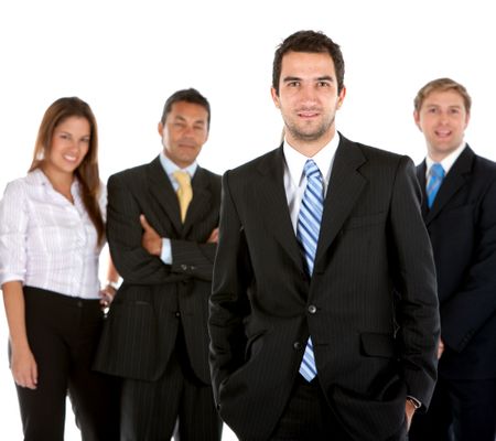 Business man leading a group isolated over white