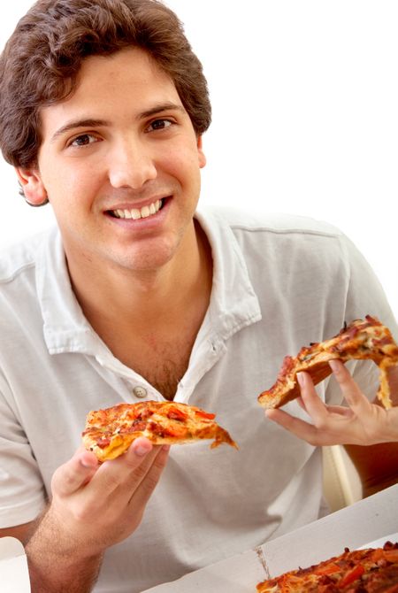 Man eating a delicious pizza isolated over white