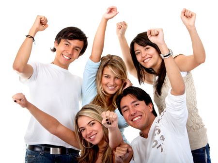 Excited group of young people isolated over white