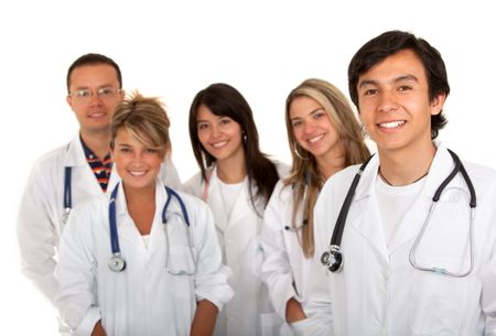 Group of young doctors isolated over white