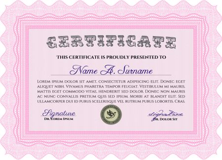 Diploma template. Border, frame. With background. Excellent design. Pink color.
