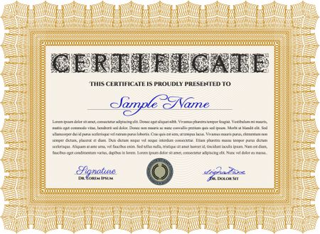 Certificate of achievement template. Diploma of completion. With guilloche pattern and background. Money design. Orange color.