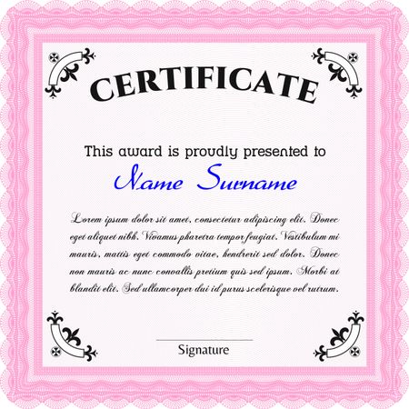 Certificate of achievement template. Diploma of completion. With guilloche pattern and background. Money design. Pink color.