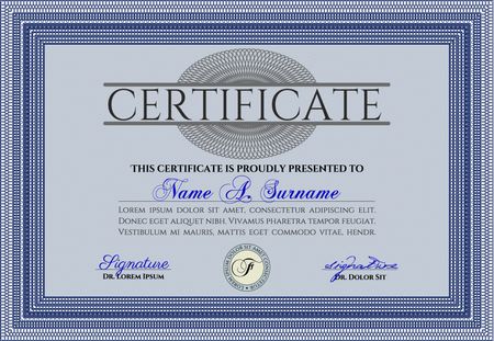 Certificate of achievement template. Diploma of completion. With guilloche pattern and background. Money design. Blue color.