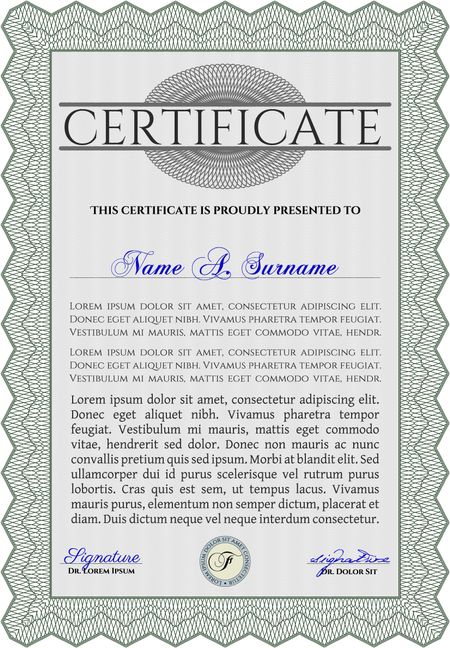 Certificate of achievement template. Diploma of completion. With guilloche pattern and background. Money design. Green color.