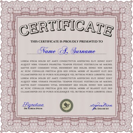 Red Sample Diploma. Elegant design. With complex linear background. Vector certificate template. 