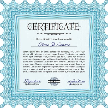 Light blue Sample Diploma. Elegant design. With complex linear background. Vector certificate template. 