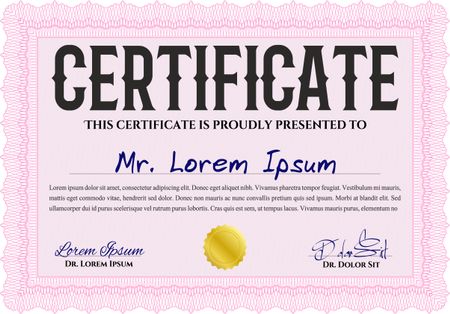 Certificate of achievement template. Money design. Design template. With guilloche pattern. Pink color.
