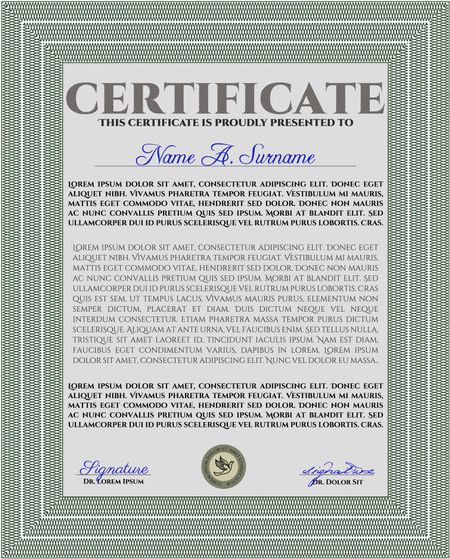 Sample certificate or diploma. Retro design. Vector certificate template. With complex linear background. Green color.