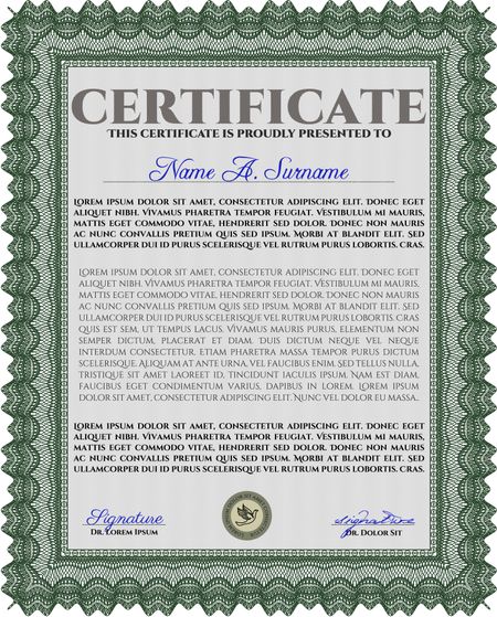Classic Certificate templateMoney Pattern design. Green color.