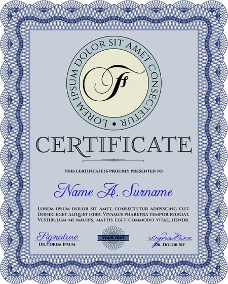 Blue Certificate template or diploma template. Superior design. Complex background. Vector pattern that is used in currency and diplomas.