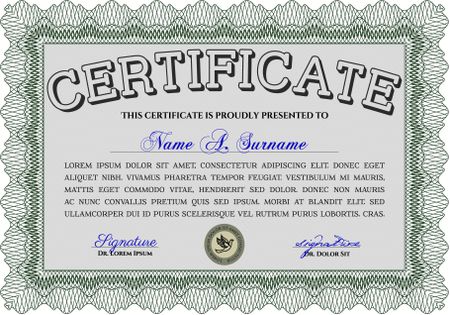 Sample Diploma. Frame certificate template Vector. With linear background. Elegant design. Green color.