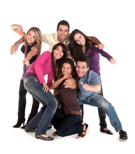 Casual group of friends smiling isolated over white