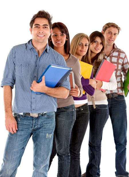 Casual group of happy students isolated over white