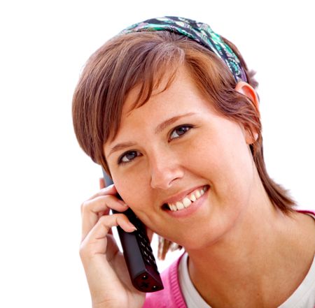 Casual woman portrait talking on the phone isolated