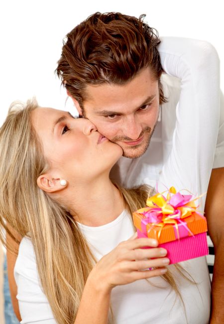 Woman getting a gift from her boyfriend isolated
