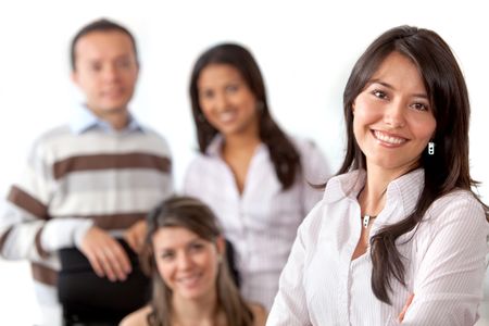 Business group portrait led by a woman isolated