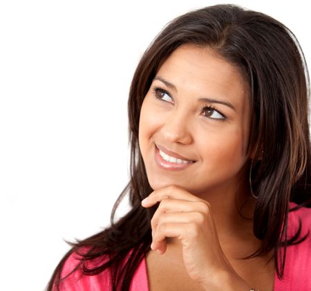 Beautiful pensive woman portrait isolated over white