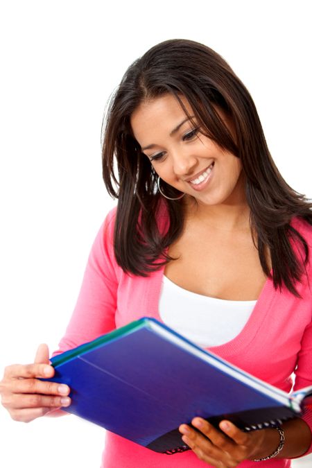 Happy woman with a notebook studying isolated