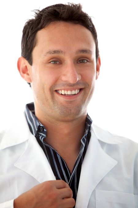 Male doctor portrait smiling isolated over white