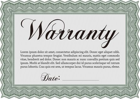 Sample Warranty certificate. Excellent complex design. Vector illustration. With guilloche pattern and background.