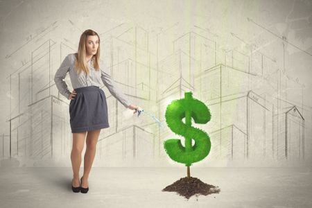 Business woman poring water on dollar tree sign concept on city background