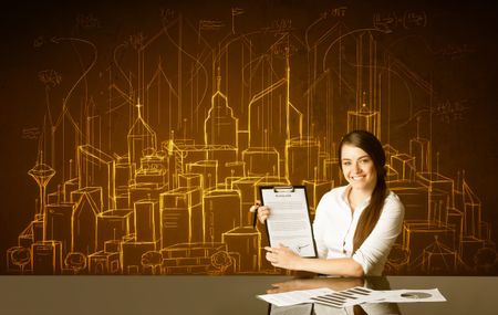 Businesswoman sitting at the black table with hand drawn buildings and numbers on the background 