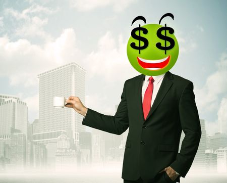 Businessman with dollar sign smiley face