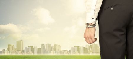 Businessman from the back in front of a city view with clouds and grass