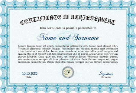 Light blue Diploma or certificate template. Vector pattern that is used in currency and diplomas.Superior design. Complex background. 