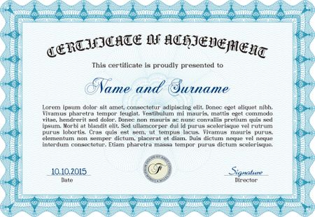 Light blue Diploma or certificate template. Vector pattern that is used in currency and diplomas.Superior design. Complex background.