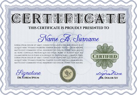 Certificate or diploma template. Customizable, Easy to edit and change colors. Easy to print. Cordial design. Blue color.