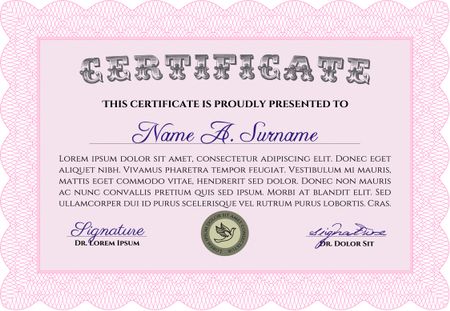 Certificate or diploma template. Customizable, Easy to edit and change colors. Easy to print. Cordial design. Pink color.