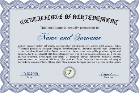 Blue Classic Certificate template. Award. With great quality guilloche pattern. Money Pattern design. 
