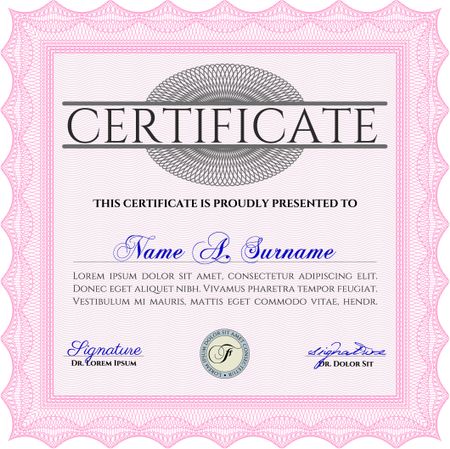 Classic Certificate template. With great quality guilloche pattern. Award. Money Pattern design. Pink color.