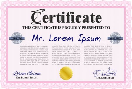 Sample Diploma. Elegant design. Frame certificate template Vector. With linear background. Pink color.