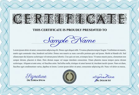 Light blue Sample Certificate. With linear background. Frame certificate template Vector. Modern design. 