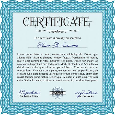 Certificate of achievement template. Diploma of completion. With guilloche pattern and background. Money design. Light blue color.