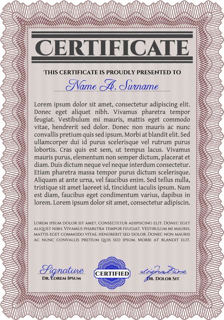 Red Classic Certificate template. With great quality guilloche pattern. Money Pattern design. Award.