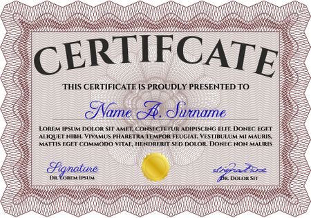 Sample certificate or diploma. With complex linear background. Vector certificate template. Elegant design. Red color.