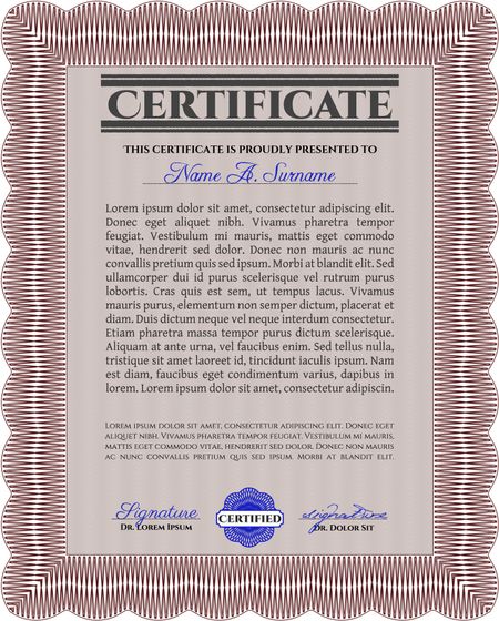 Red Classic Certificate template. With great quality guilloche pattern. Money Pattern design. Award. 