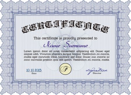 Sample certificate or diploma. With complex linear background. Vector certificate template. Elegant design. Blue color.